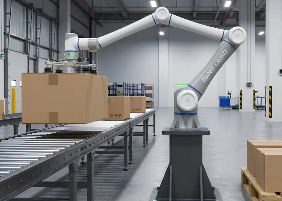Dobot CR20A cobot moving cartons from a roller conveyor