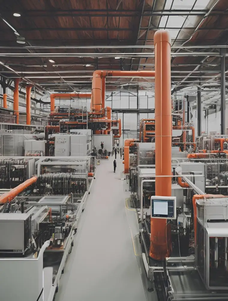 Automated production hall with machines and process piping