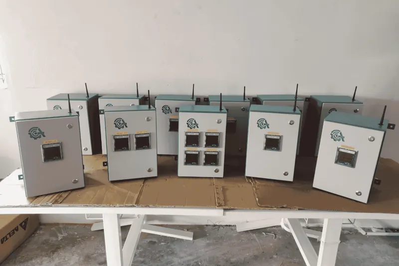 Row of finished control panel enclosures ready for dispatch