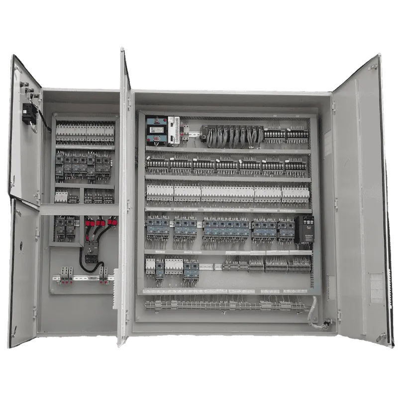 Open control panel with PLC, drives and wiring built by Ausweg