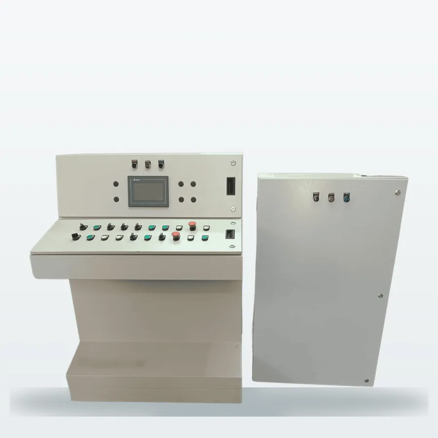 Sloping control desk with HMI, selector switches and indicator lamps, beside a matching panel