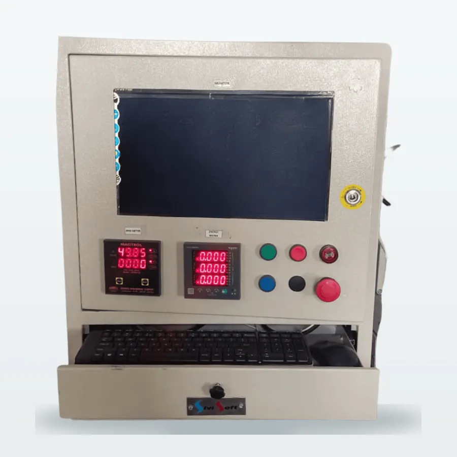 HMI operator console with display, digital meters, push buttons, emergency stop and keyboard drawer