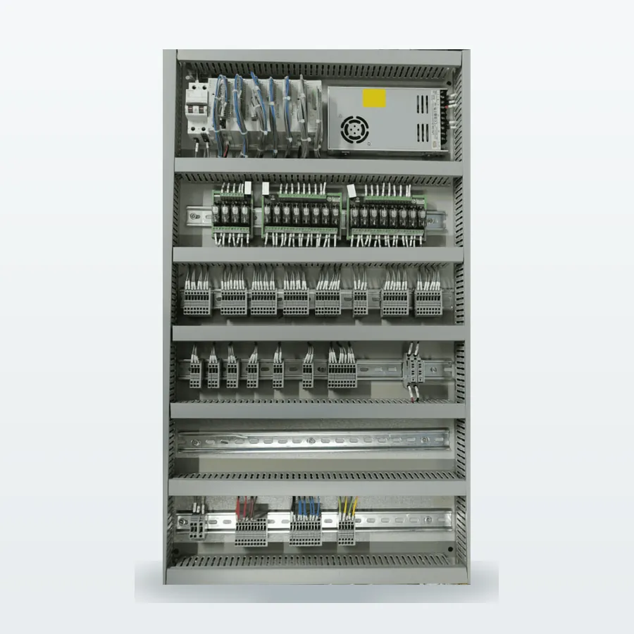 Marshalling and relay panel with rows of interface relays, terminals and a power supply