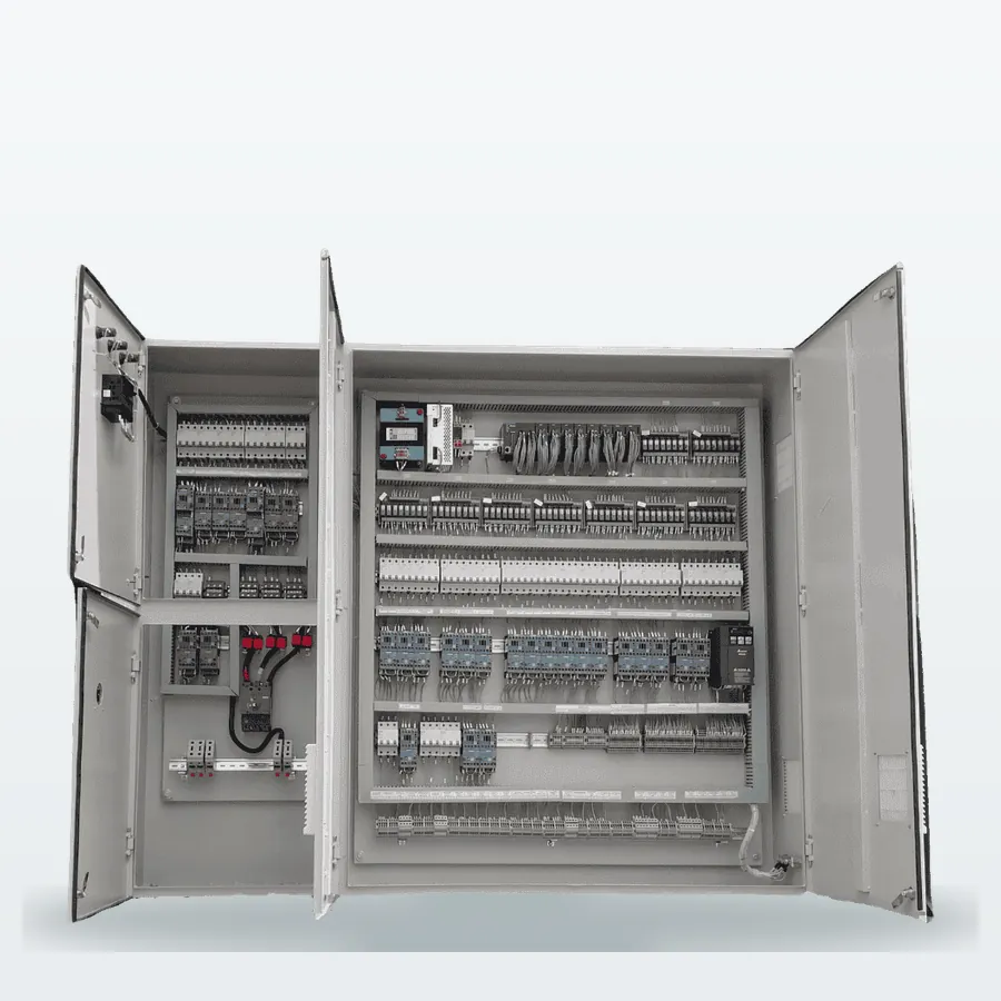 Double-door motor control and power distribution panel with breakers, contactors and relays