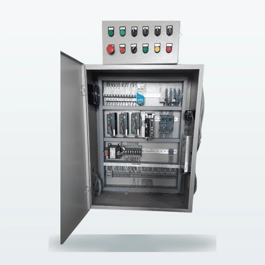 PLC automation panel with open door, PLC, I/O modules and a pushbutton station on top