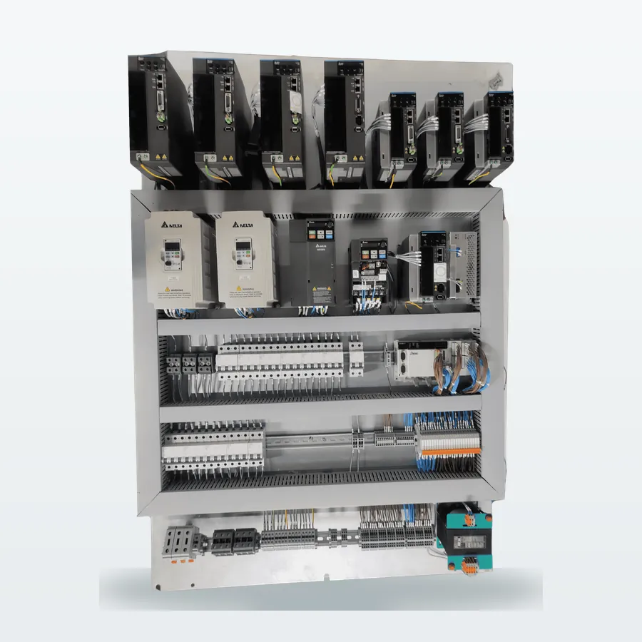 Servo and VFD control panel built by Ausweg with Delta AC drives, servo drives, breakers and terminal wiring