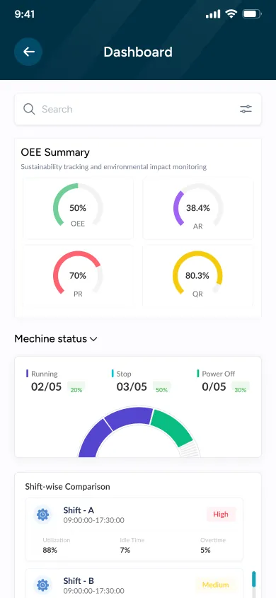 DigiTrack mobile app showing OEE summary and machine status