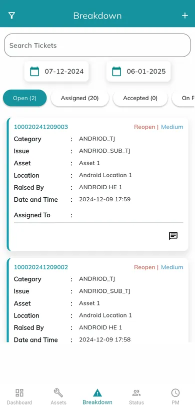 FixItNow mobile app breakdown ticket list