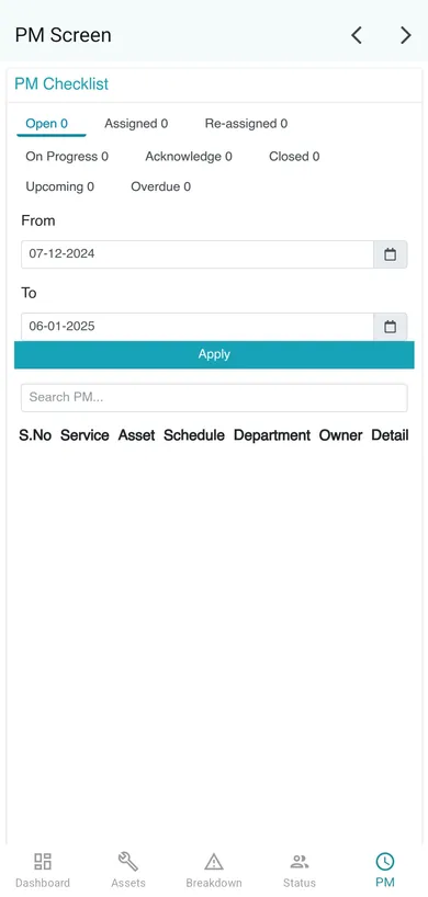 Preventive maintenance checklist screen