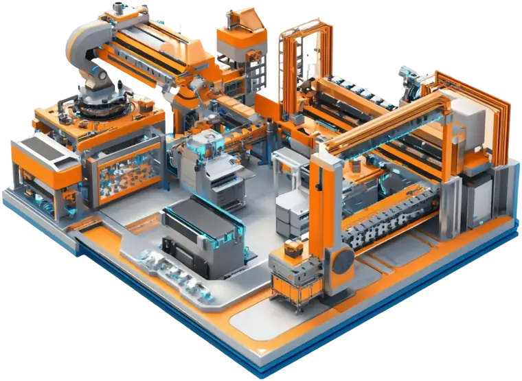 Illustration of a connected smart factory with machines, conveyors and robots