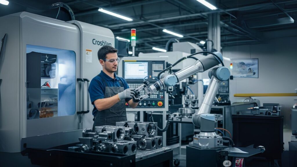 Top 7 Industries Using Collaborative Robots to Boost Efficiency 2 Human operator working with a collaborative robot in a factory