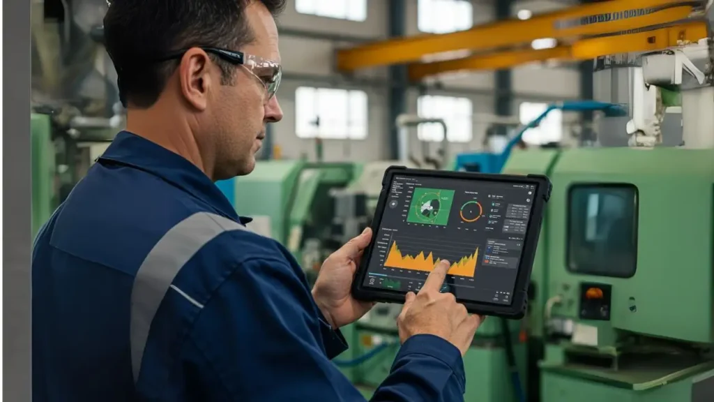 10 Industrial IoT Trends Transforming Manufacturing in 2025 2 Technician monitoring predictive maintenance data on a factory machine interface.