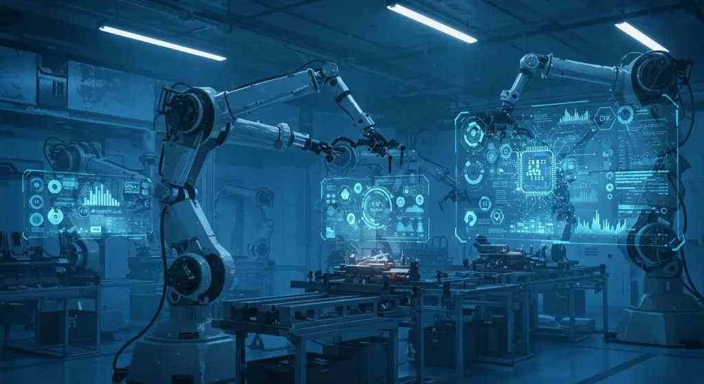 AI & Robotics | Reshaping the Future of Industrial Automation 2 A robotic arm working alongside a human operator on a smart factory floor, representing collaboration between AI and robotics in modern manufacturing.