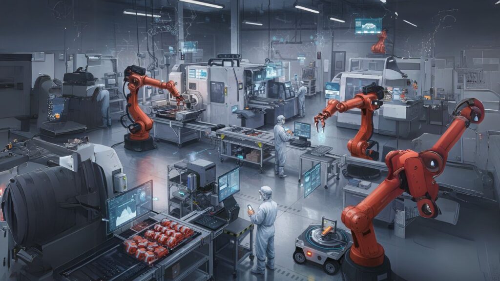 Industry 4.0 Implementation: A Real-World Roadmap for Manufacturers 3 Factory workers using tablets on a smart factory floor, with robotic arms and connected machines in the background — symbolizing Industry 4.0 transformation.