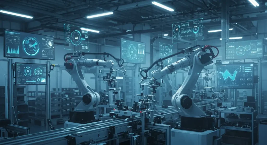 AI & Robotics | Reshaping the Future of Industrial Automation 3 A robotic arm working alongside a human operator on a smart factory floor, representing collaboration between AI and robotics in modern manufacturing.