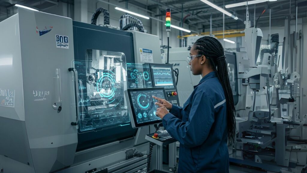 Industry 4.0 Implementation: A Real-World Roadmap for Manufacturers 4 Factory workers using tablets on a smart factory floor, with robotic arms and connected machines in the background — symbolizing Industry 4.0 transformation.
