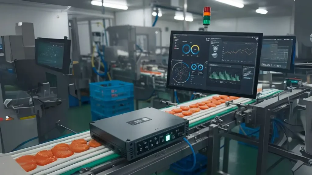 10 Industrial IoT Trends Transforming Manufacturing in 2025 4 Edge computing device processing data directly on a food production line.