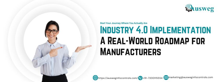 Industry 4.0 Implementation: A Real-World Roadmap for Manufacturers 7 Factory workers using tablets on a smart factory floor, with robotic arms and connected machines in the background — symbolizing Industry 4.0 transformation.