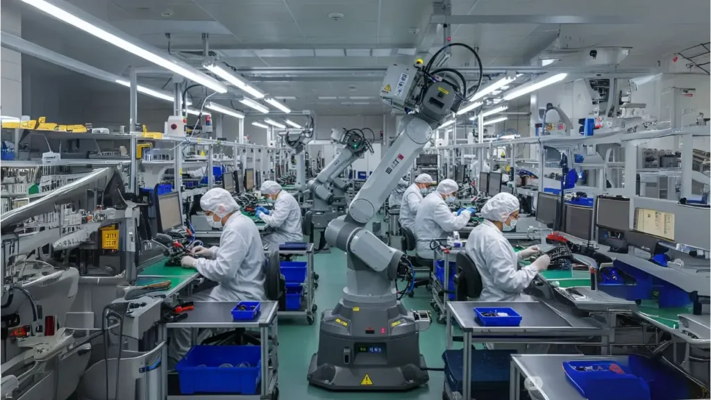 10 Industrial IoT Trends Transforming Manufacturing in 2025 7 Collaborative robots assisting human workers on an electronics assembly line.