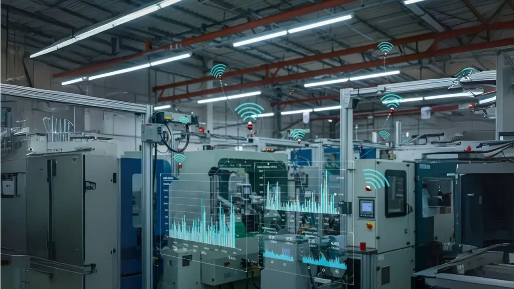 10 Industrial IoT Trends Transforming Manufacturing in 2025 9 IoT sensors displaying energy savings metrics in a plastic manufacturing plant.