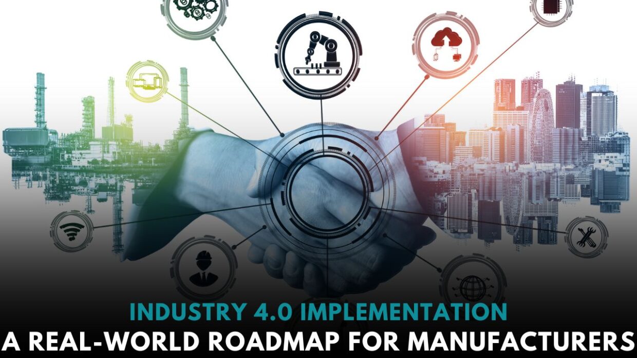 Industry 4.0 Implementation: A Real-World Roadmap for Manufacturers 10 Factory workers using tablets on a smart factory floor, with robotic arms and connected machines in the background — symbolizing Industry 4.0 transformation.