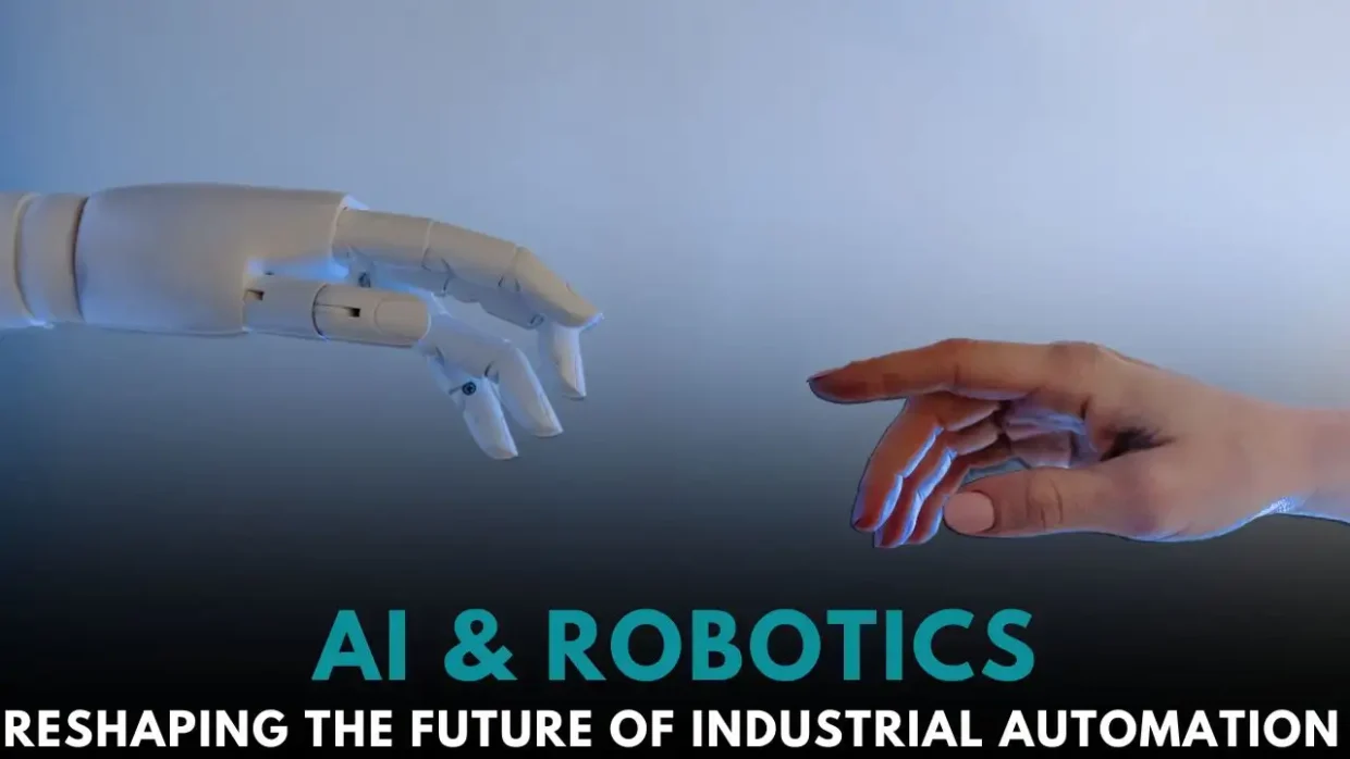 AI & Robotics | Reshaping the Future of Industrial Automation 9 A robotic arm working alongside a human operator on a smart factory floor, representing collaboration between AI and robotics in modern manufacturing.